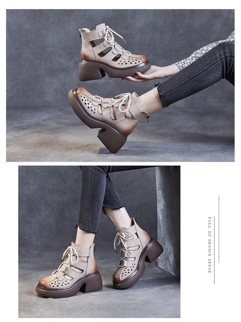 Женские ретро-римские сандалии из коровьей кожи: Коллекция лета 2024 г. — толстая подошва, ажурный дизайн, сетчатый стиль сапог