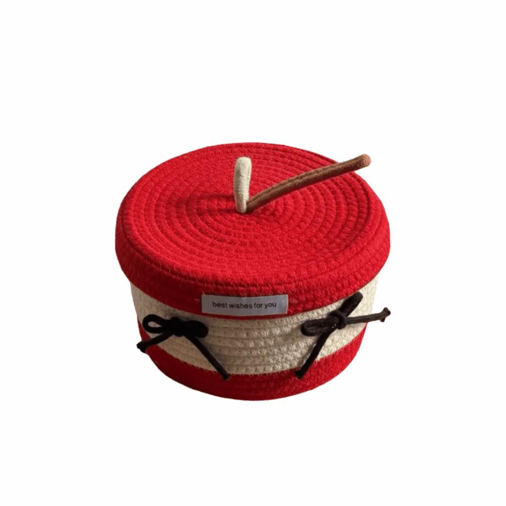 Red White Storage Basket Cotton Tead Woven Handmade Woven Basket Cartoon Design Versatile Function Organizer Basket
