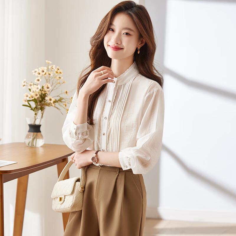 Женская рубашка с воротником-стойкой, рюшами и длинными рукавами