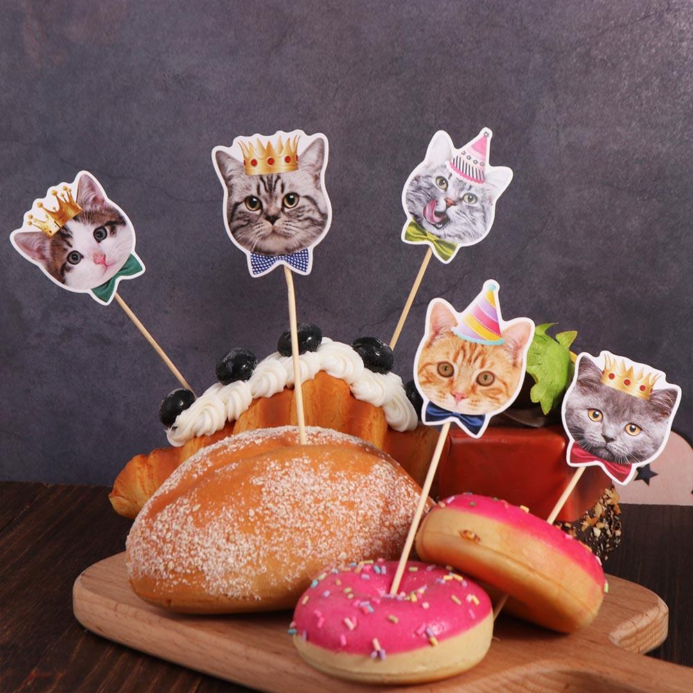8pcs Cat Theme Supplies Cute Cat Face Insert Card Non Toxic DIY Cat Cupcake Toppers Disposable Single Side Cake Flag Kids