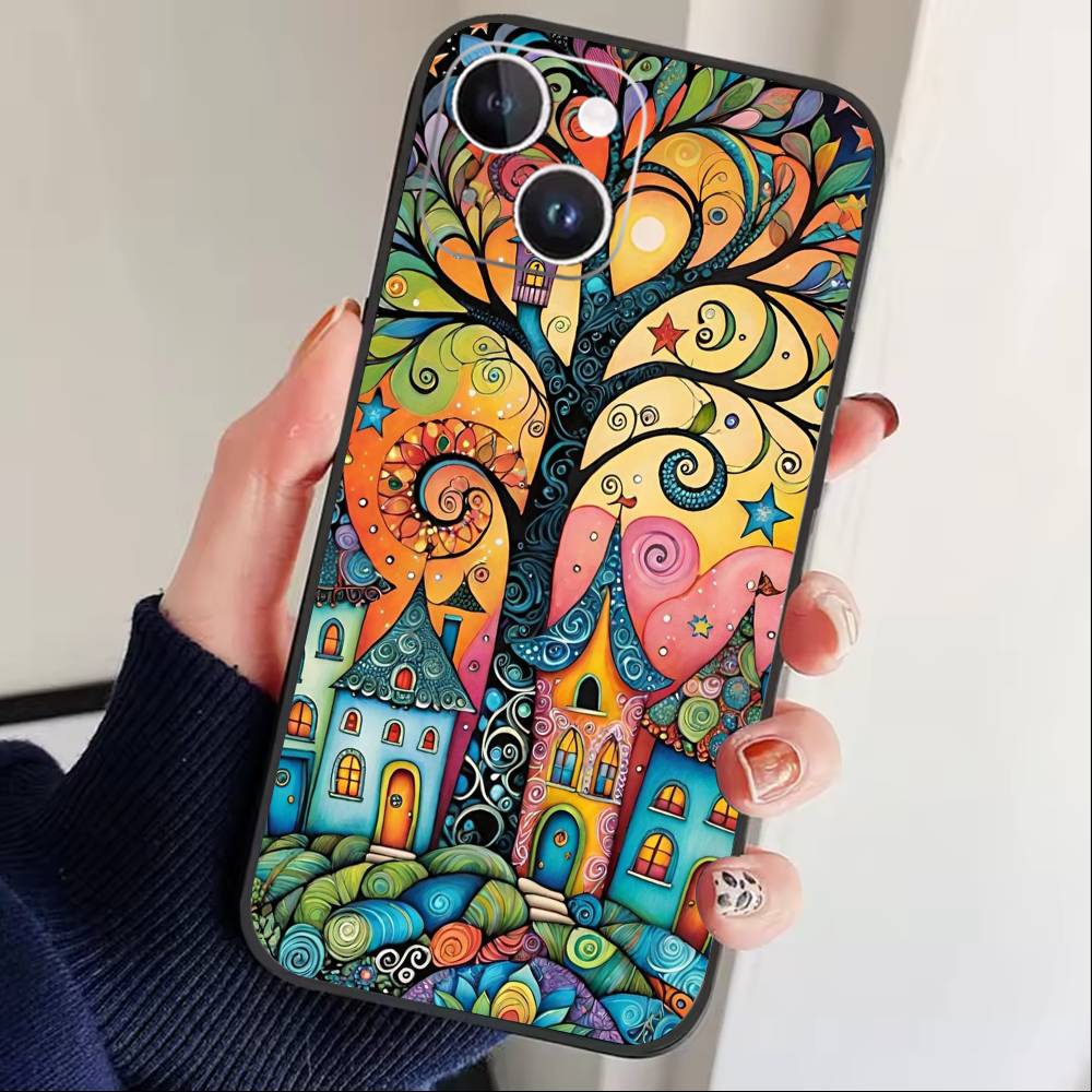 Причудливый пейзаж Звездная ночь Чехол для телефона Для iPhone 17 16 15 14 13 12 Max Plus Силиконовый Черный Чехол