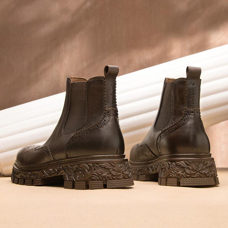 Chelsea Boots Men'S Boots Leather High-Top British Carved Brock National Style Short Boots Autumn And Winter Thick-Soled Cowhide Boots