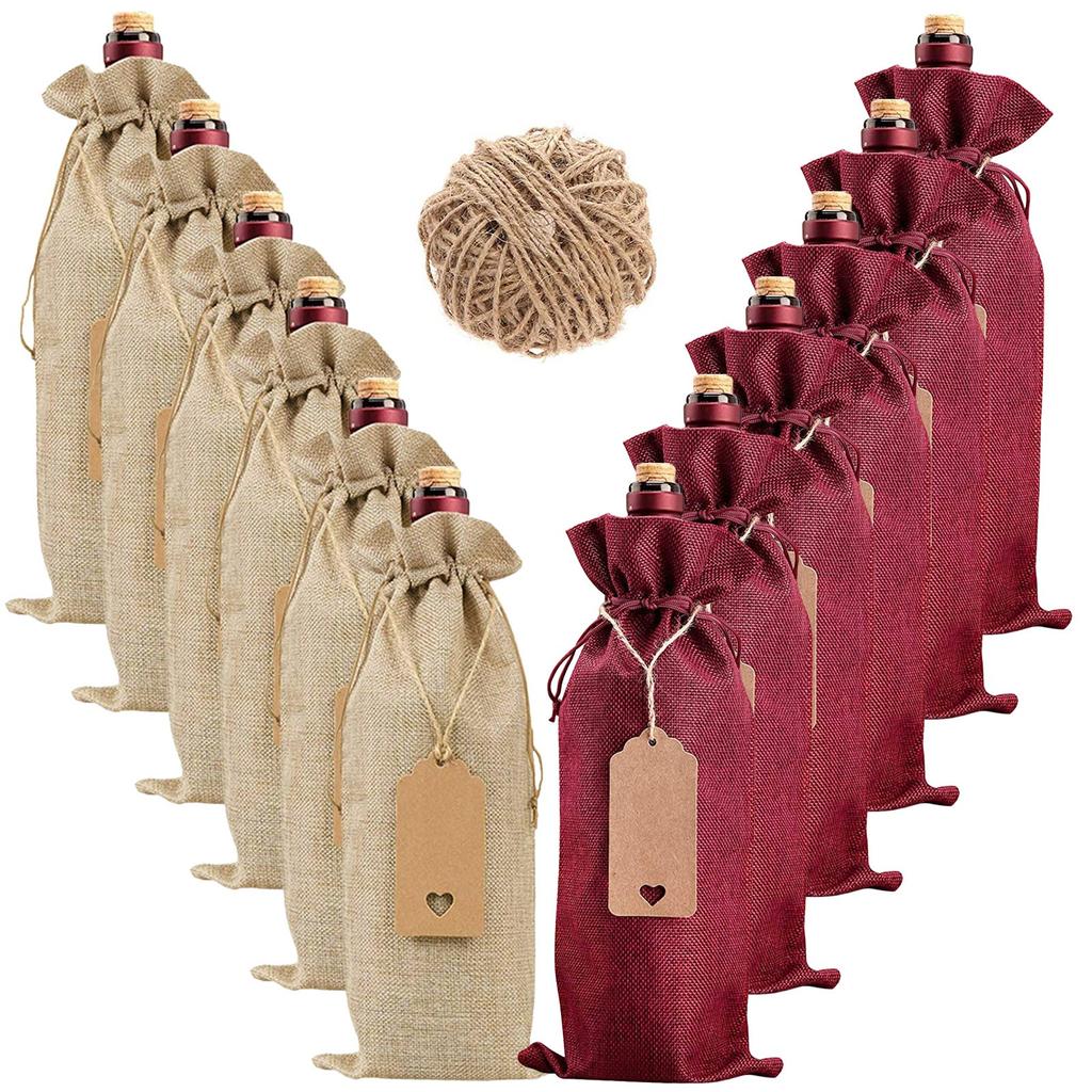 12pc Linen Wine Bag Wine Bottle Cap Wine Bottle Gift Bag With Drawstring Label