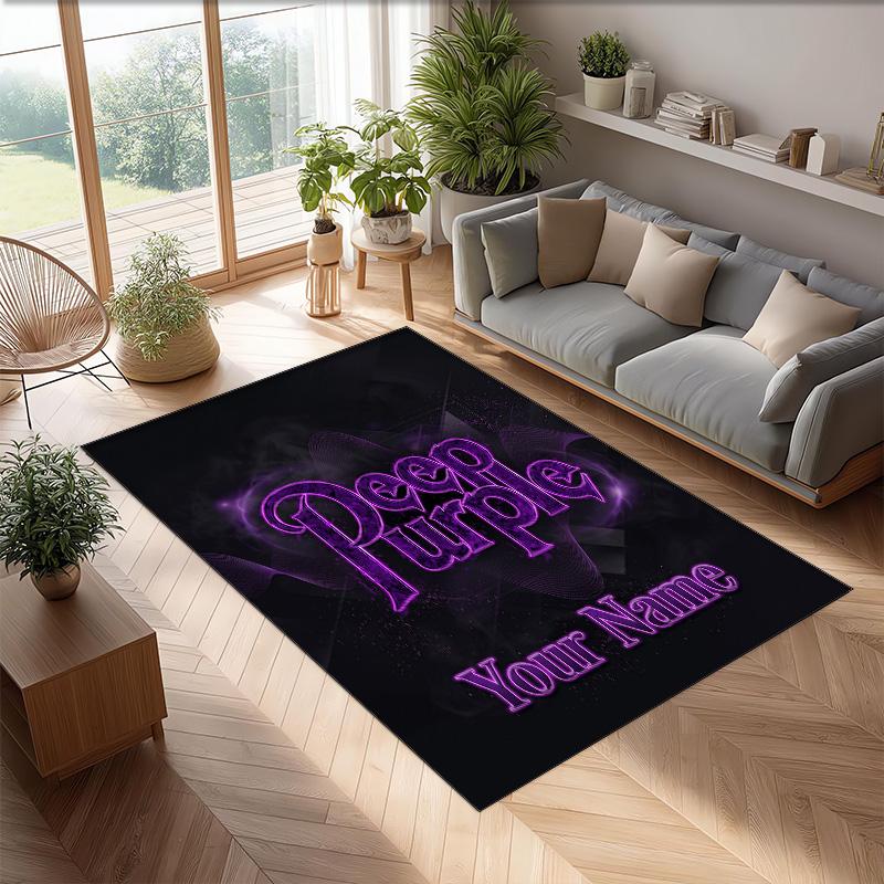 Deep Purple Crystal Velvet Rug, Custom Name Text Personalized Non‑Slip Floor Mat for Home Decor Gift