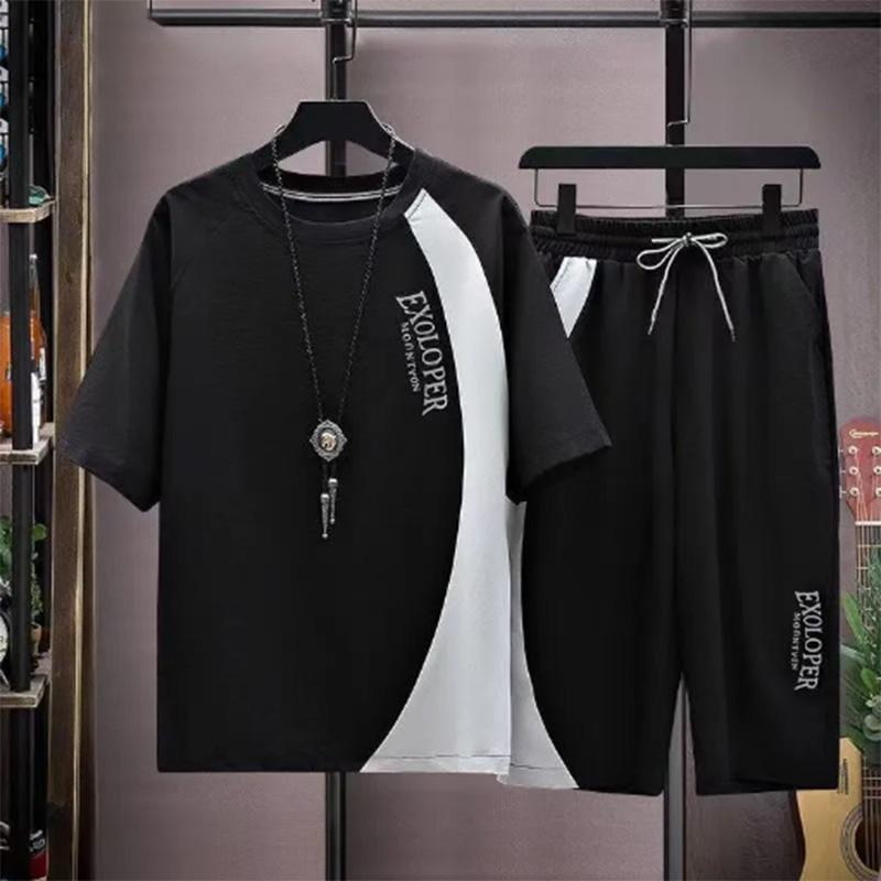 Летний костюм-футболка с короткими рукавами, мужской однотонный трендовый молодежный повседневный спортивный укороченный костюм из двух предметов