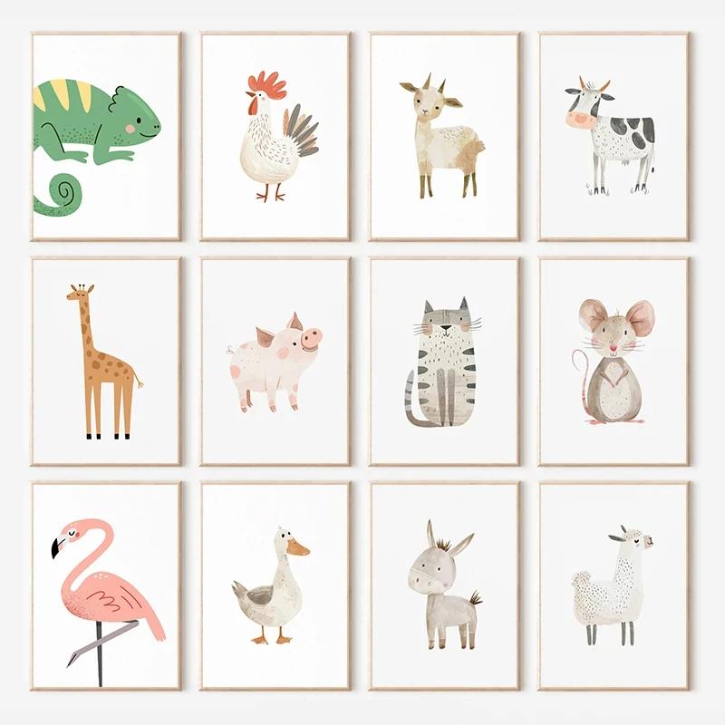 Cute Cartoon Animals Posters Giraffe Donkey Cattle Sheep Prints Canvas Printing Rustic Farmhouse Wall Art Picture for Home Decor