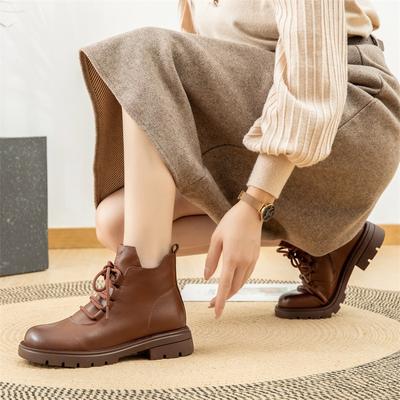 Возврату и обмену не подлежит [Распродажа] Короткие женские ботинки из коровьей кожи с круглым носком и плоским каблуком, универсальные кожаные ботинки на шнуровке, ботинки Martin