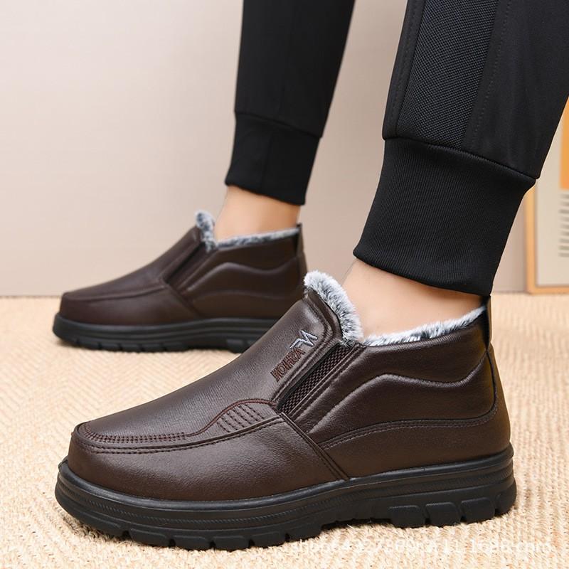 Mens Winter Waterproof PU Snow Boots With Faux Fur Lining Slip-On Warm Low-Cut