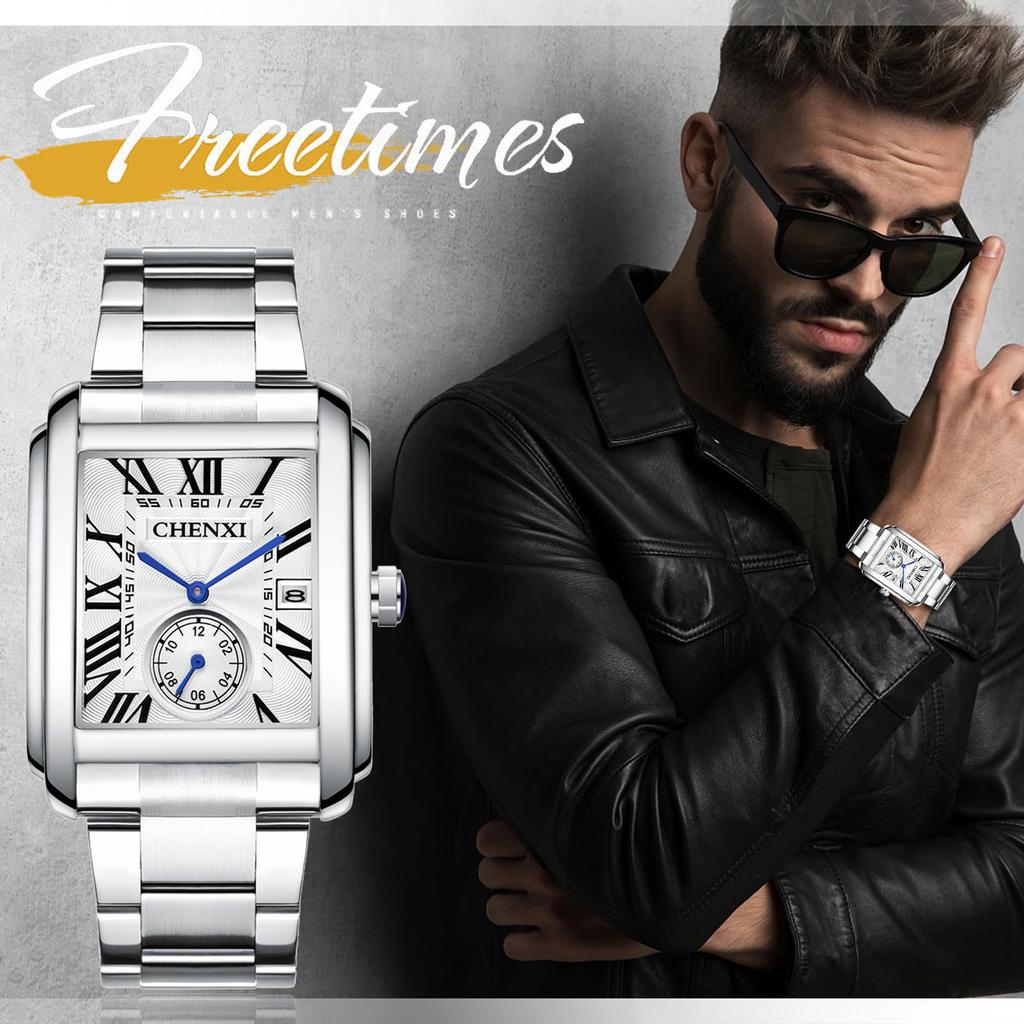 Square Watch 3ATM Waterproof Stainless Steel Roman Alphabet Analog Calendar Quartz Watch Casual Watch Simple Stylish Silver Fashion Accessories Day