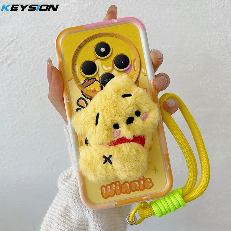 KEYSION Cute 3D Cartoon Plush Case for Redmi 14C with Lanyard Soft Silicone Shockproof Phone Back Cover for Xiaomi POCO C75