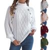 Women's Fashion Casual Loose Button Turtleneck Solid Color Long Sleeve Sweater Pullover Top