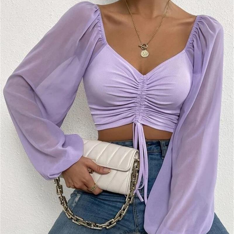 Летняя новая шифоновая блузка с V-образным вырезом и завязками, женская винтажная узкая модная сексуальная женская рубашка, топы, элегантная однотонная женская укороченная блузка 25156