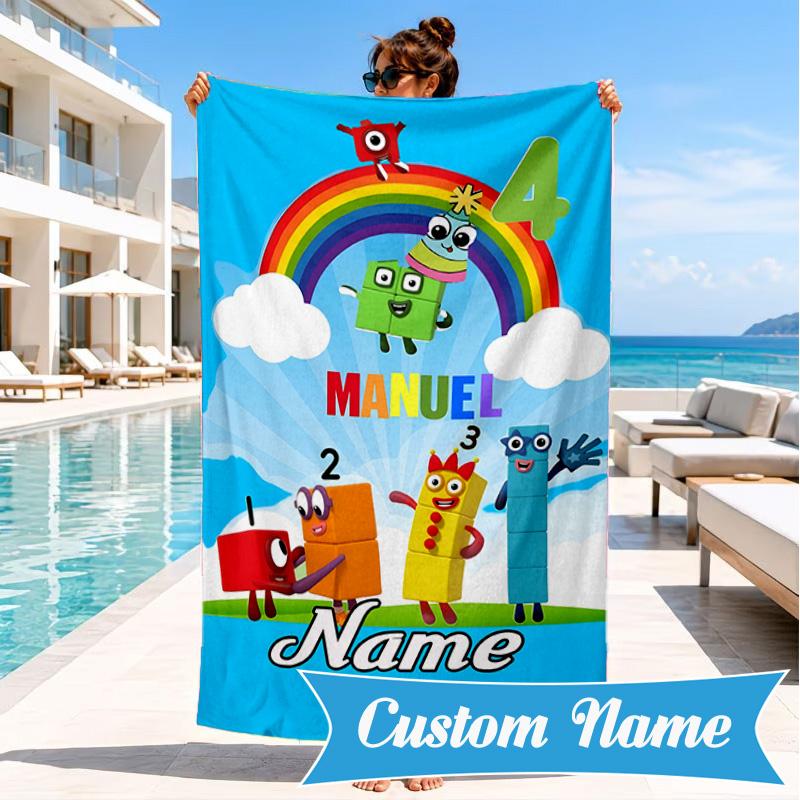 Custom Name Number Blocks Adventure Heart In Space Adventure Microfiber Beach Towel, Lightweight for Summer Travel, Swimming Pool Fan Gift