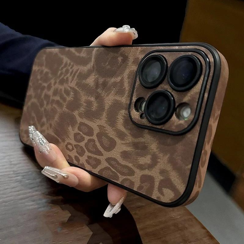 Роскошный кожаный чехол для телефона с ярким леопардовым принтом для iPhone 16 15 14 Plus 13 12 11 Pro Max Мягкий бампер Матовый противоударный чехол