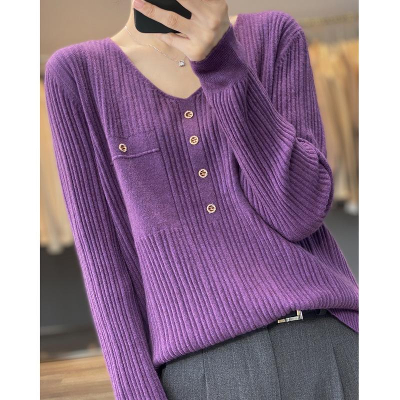 DAFIFY Women's Fashion Casual Fall Winter Solid Color Print Long Sleeve V-Neck Sweaters