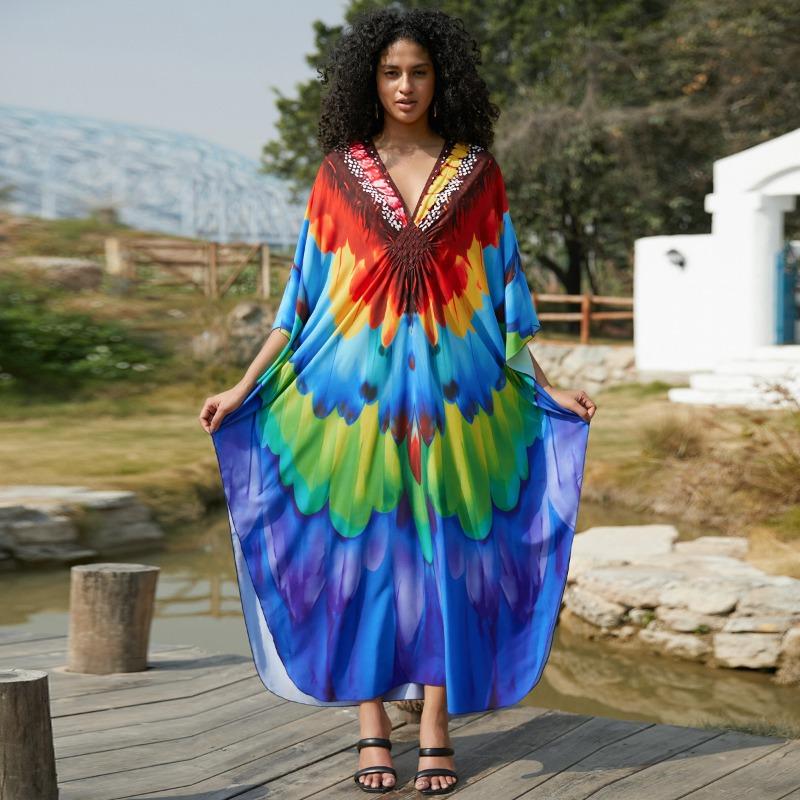 Женская мода весна осень цветные блоки принт длинный рукав V-образный вырез свободная талия повседневные платья