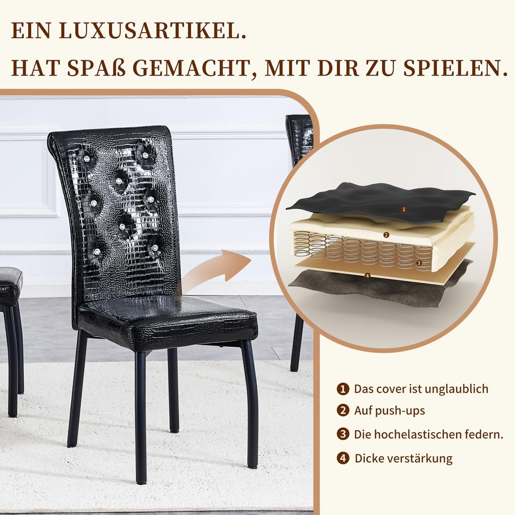 A Set of 2 Black Vintage Crocodile Leather Upholstered Dining Chairs, with Crystal Buckle and Faux Leather, Add Elegance and Mystery to Dining Area