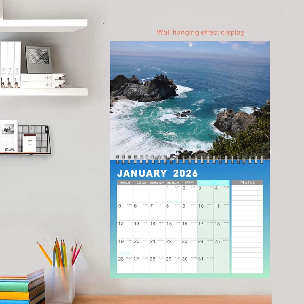 Календарь 2026 Январь-Декабрь Календарное украшение Спиральный переплет Подвесной Ежемесячный Настенный календарь для дома, школы или офиса