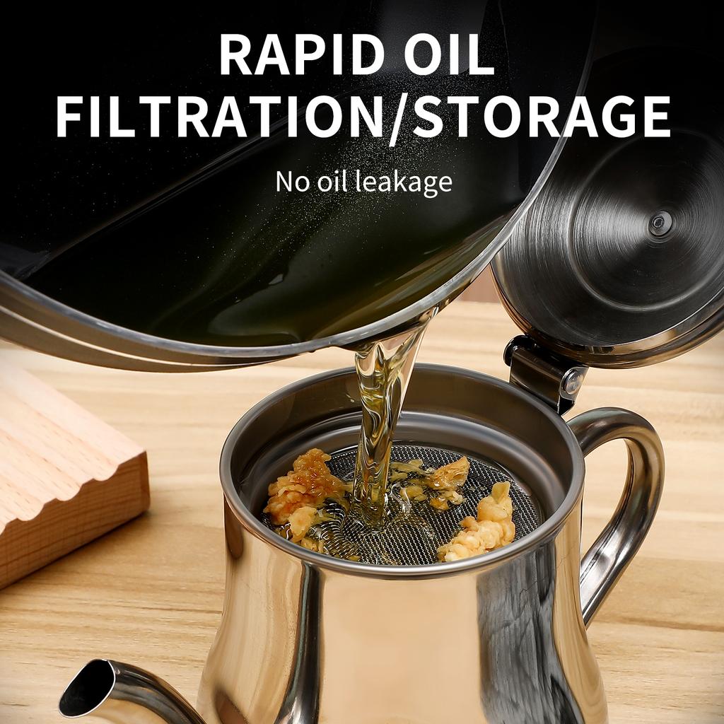 Stainless Steel Oil Pot Filter with Strainer Pan Container Olive Filtering Storage Holders Gravy