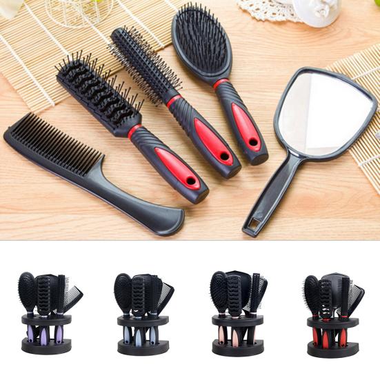 5Pcs Anti-Static Cushion Comb Brush Salon Styling Set Home Hair with Mirror