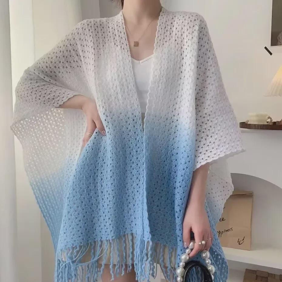 Women's Tie-Dye Tassel Knit Shawl - Spring & Autumn Fashion Cape