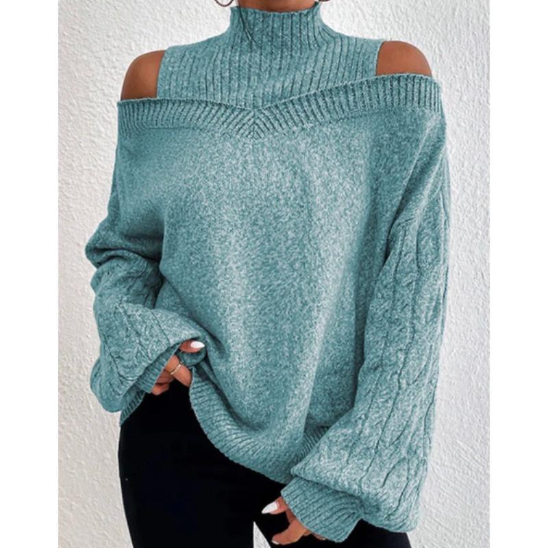 Женский свободный зимний свитер с открытыми плечами и полувысоким воротником Вязаный свитер женский
