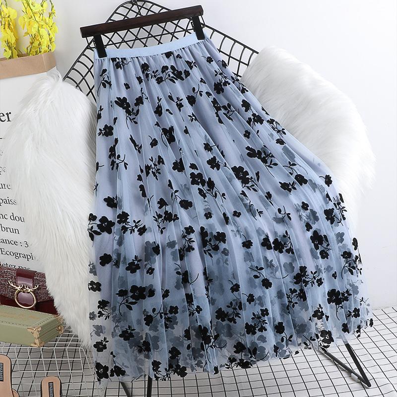 Весенне-летняя универсальная сетчатая юбка с высокой талией и вышивкой, темпераментные длинные юбки средней длины для женщин, тонкие