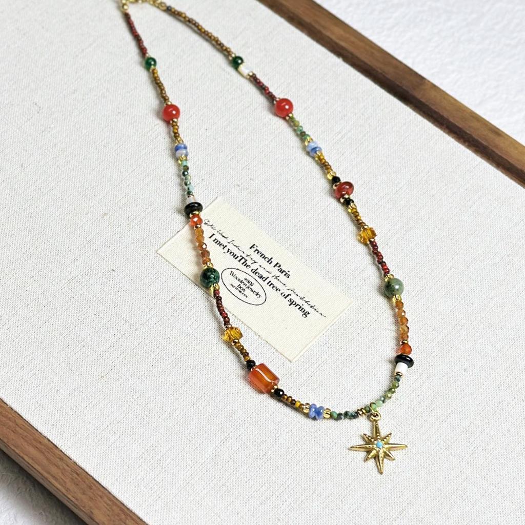Handmade Natural Stone Beaded Clavicle Necklace with Vintage Starburst Design