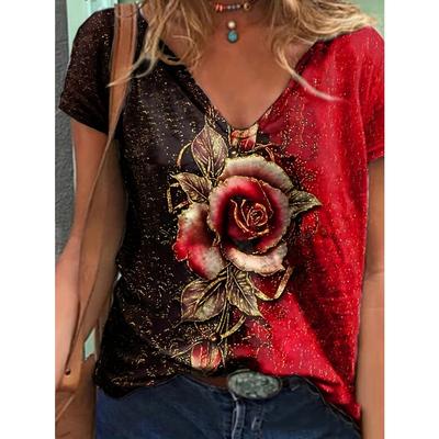 Женская футболка больших размеров с коротким рукавом, V-образным вырезом и принтом роз - Удобная, Дышащая, Свободного кроя - Идеально подходит для повседневной носки