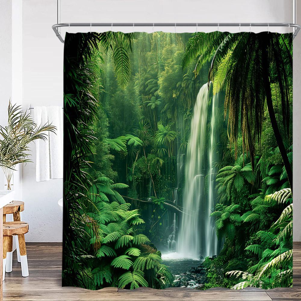 Natural Landscape Waterfall Forest Shower Curtain Scenery Green Leaves Plants Bathroom Decor Polyester Bath Curtain for Home