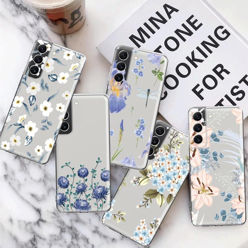 Прозрачный чехол с синим цветком и стрекозой для Samsung Galaxy S23 S22 S21 S20 Fe Ultra S10 S9 S8 Plus 10e S10lite Note 10plus 20ultra