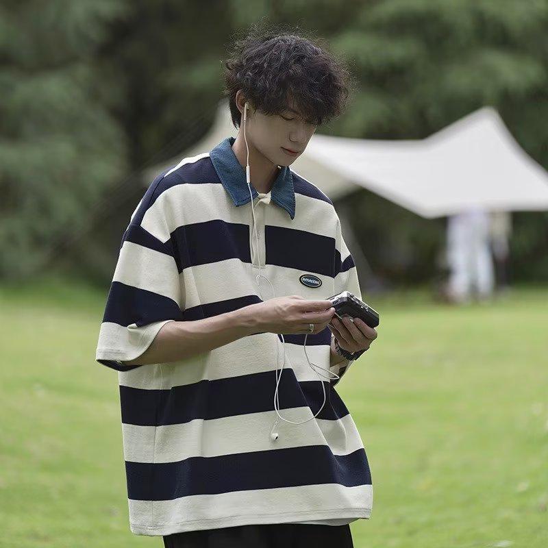 Унисекс американская ретро полоскатая футболка-поло - летняя свободная посадка, студенческий стиль, короткий рукав для модных пар
