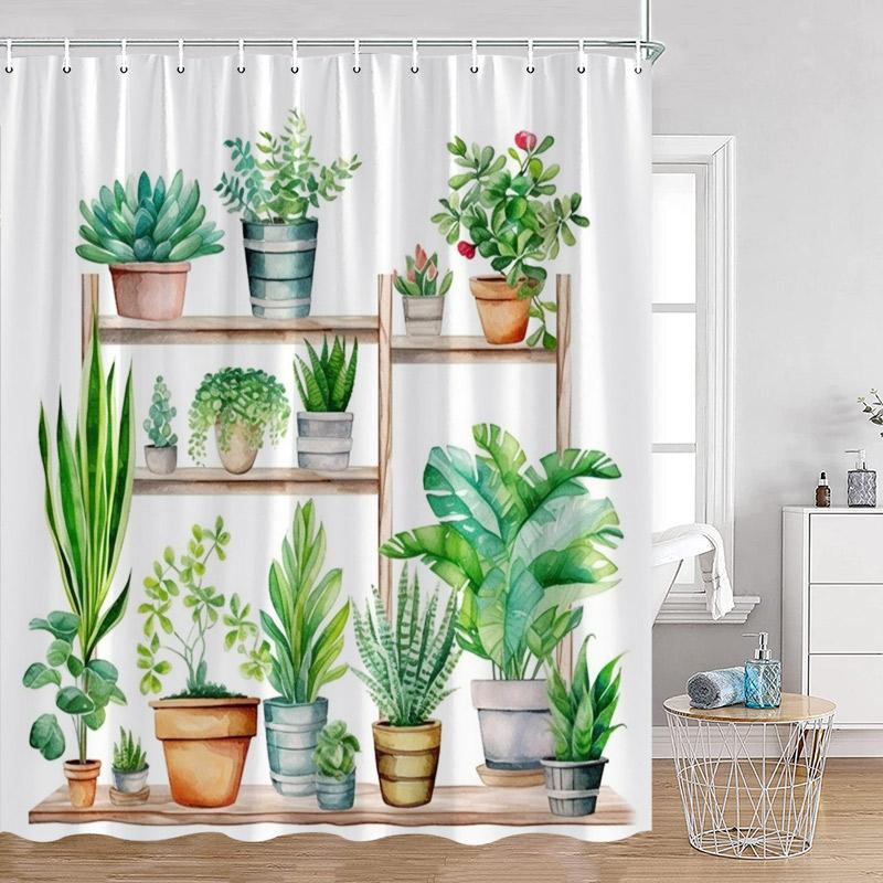 Шторка для душа с растениями Кошки Зеленые комнатные растения Листья Кот на унитазе Современный декор для ванной комнаты Полиэстеровая ткань Занавеска для ванны
