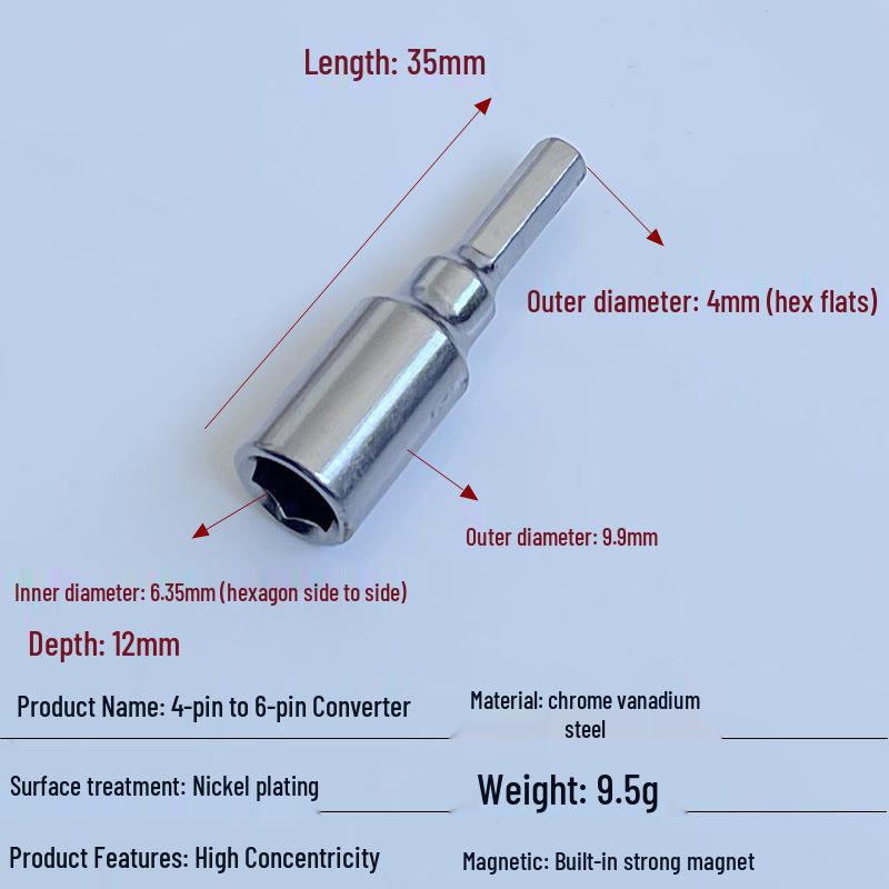 Bit Converter Magnetic Rod: 6 to 4 Adapter, 4mm/6.35mm to 1/4 Extension