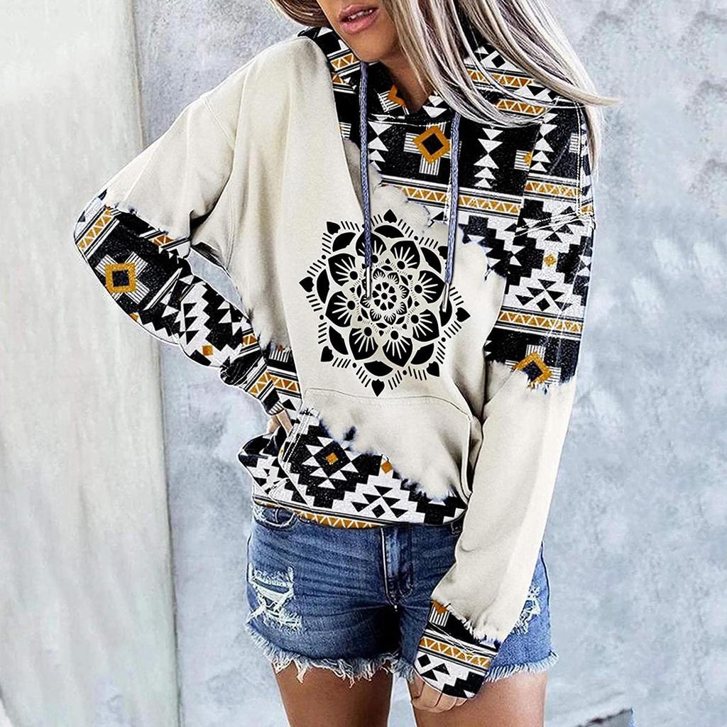 Women's Aztec Hoodie Geometric Pattern Long Sleeve Colour Block Pullover Drawstring Sweatshirt