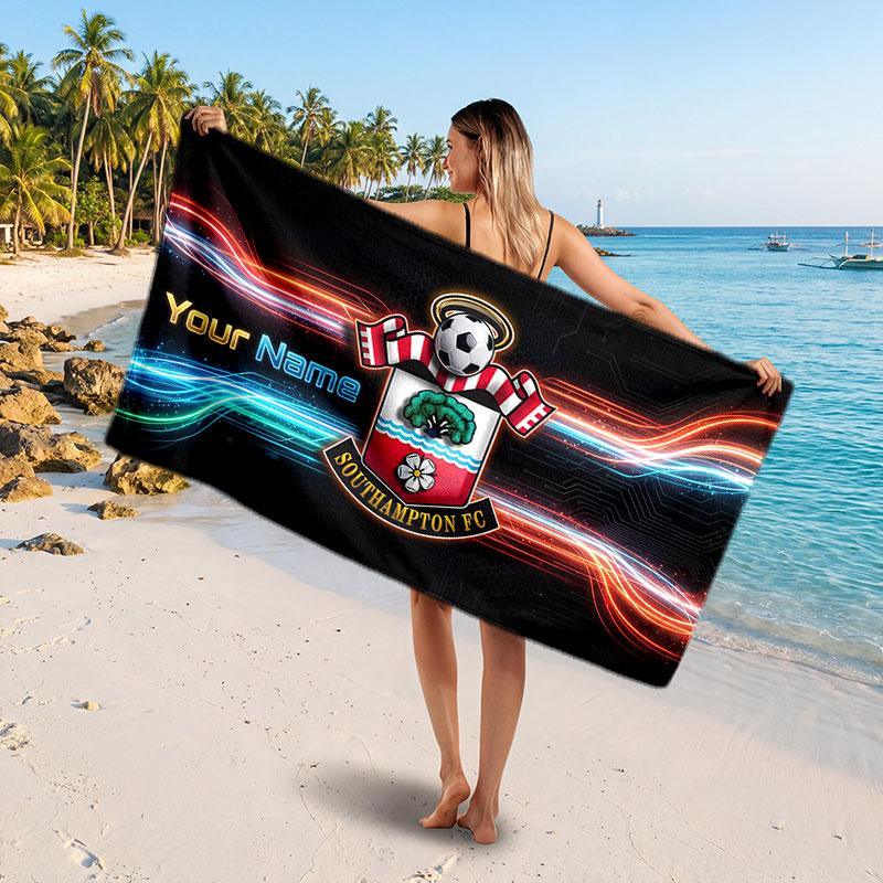 Southampton FC Custom Beach Towel, Personalized Name Text Print, Football Logo Soft Quick‑Dry Towel Holiday Gift