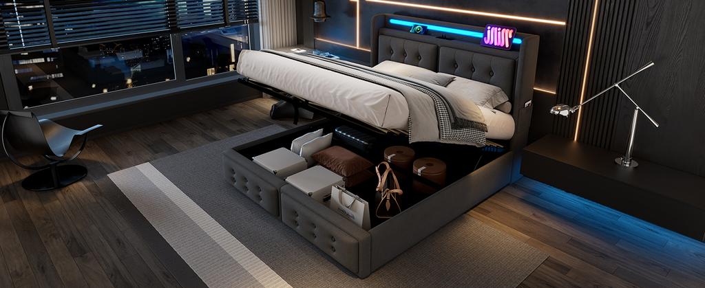 Upholstered Bed 140x200, Double Bed with LED Headboard and USB C Charging, Hydraulic Wooden Slatted Base, 300 kg, Grey, Cotton (Without Mattress)