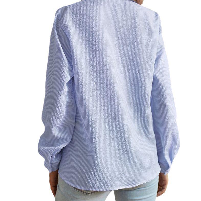 2023 European & American Fashion Women's Bubble Stripe Ruffle Stand Collar Long-Sleeve Shirt