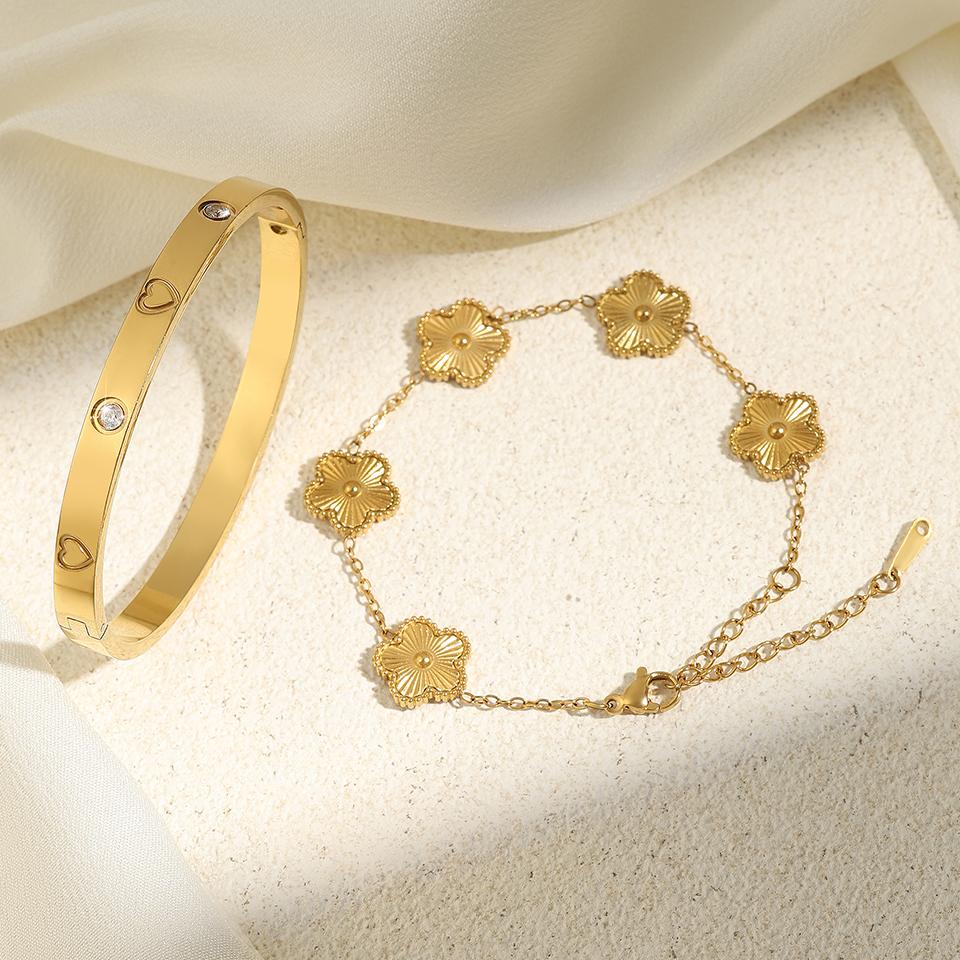 ZAKOL Fashion Five-leaf Flower Stacked Bracelet Bangle for Women Elegant Versatile Stainless Steel Zircon Gift
