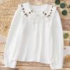 Spring Autumn Women Shirt Peter Pan Collar Lace-up Apricot Corduroy Blouse Floral Embroidery Elegant Top