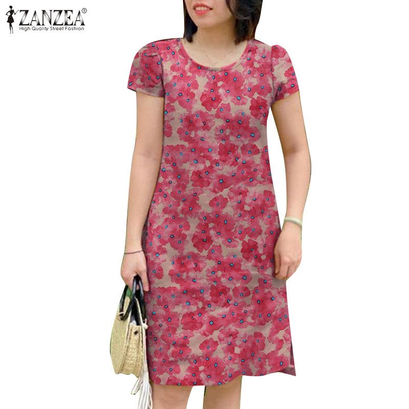 ZANZEA Women Casual Floral Print O-neck Short Sleeve Dress