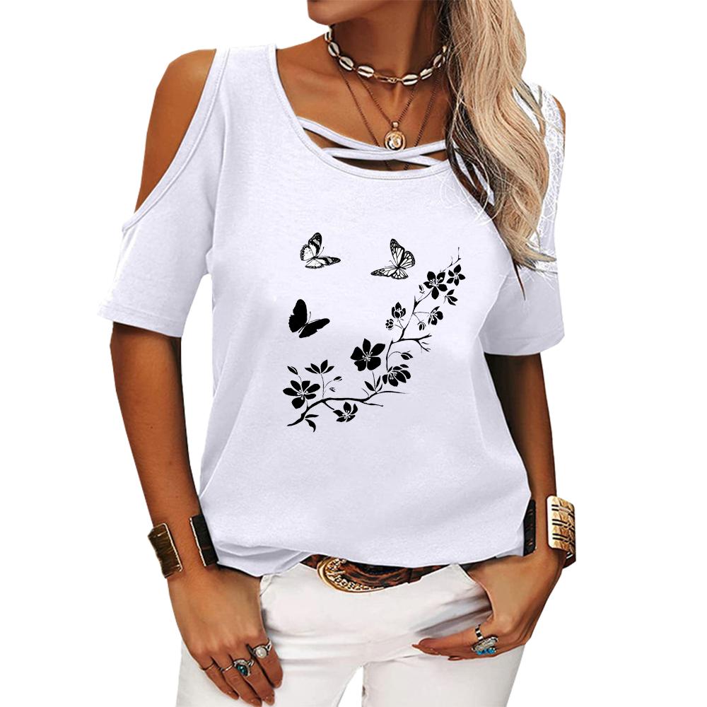 Women Fashion Off Shoulder Top Casual Round Neck Summer Tee Shirt Print Short Sleeve T-shirt