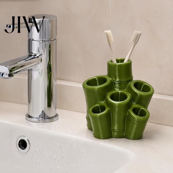 Space Saving Toothbrush Stand Holder, Green Bamboo Shape, 6 Slot Storage Minimalist Sink Organizer Organizer, for Bathroom Countertop Razors