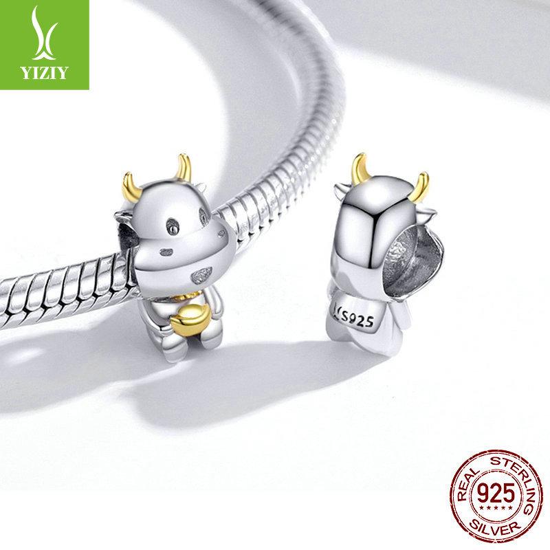 Счастливые бусины Ню Ню из серебра S925, покрытые настоящим золотом, Игривый теленок, Бусины на удачу для Нового года Scc1709