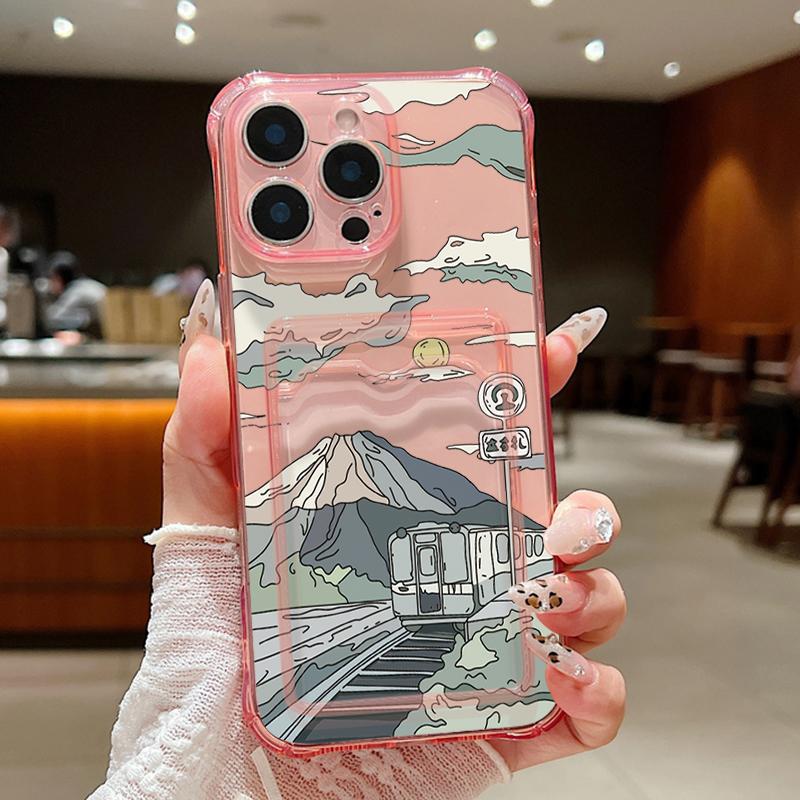 Чехол для телефона с прозрачным слотом для карт с рисунком в виде мультяшных гор для iPhone 16 Pro Max 15 Pro 14 13 12 11, мягкий силиконовый прозрачный противоударный тонкий чехол-бампер