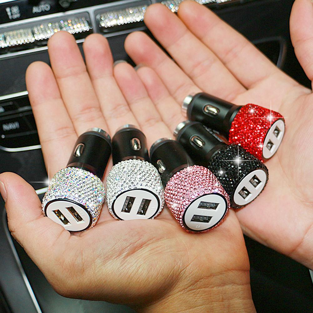 Новое блестящее автомобильное зарядное устройство USB 5 В 2,1 А, двухпортовый быстрый адаптер, розовый автомобильный декор, Стайлинг автомобиля с бриллиантами, автомобильные аксессуары, интерьер для женщин