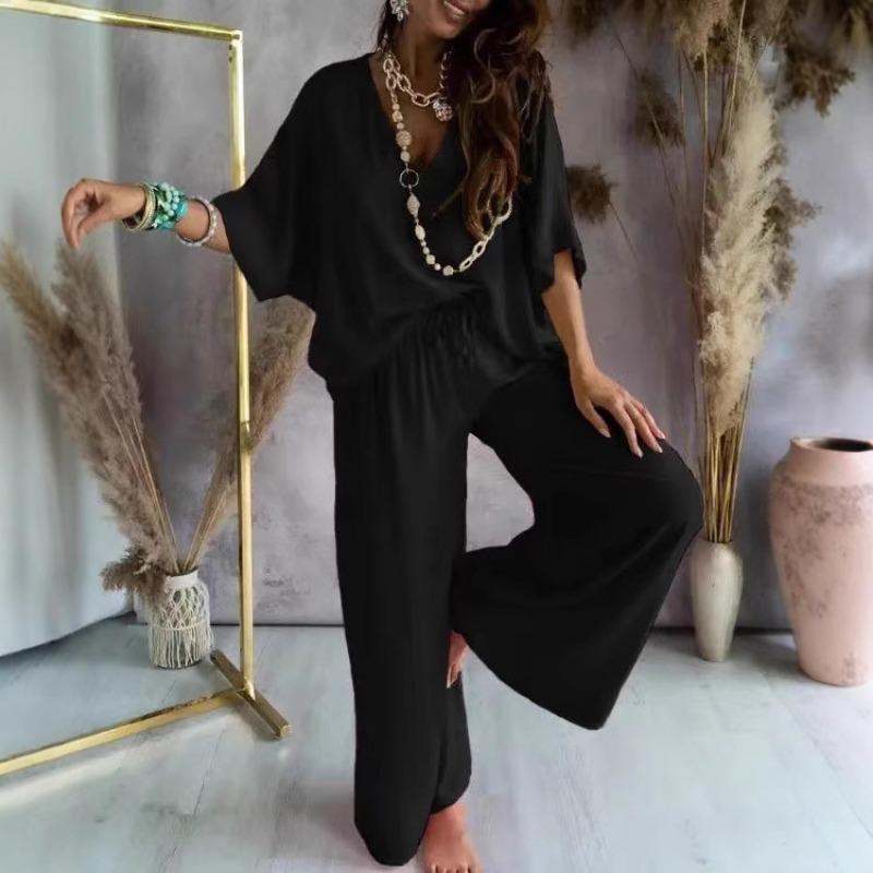 Женский комплект повседневных свободных брюк с V-образным вырезом и рукавом «летучая мышь»