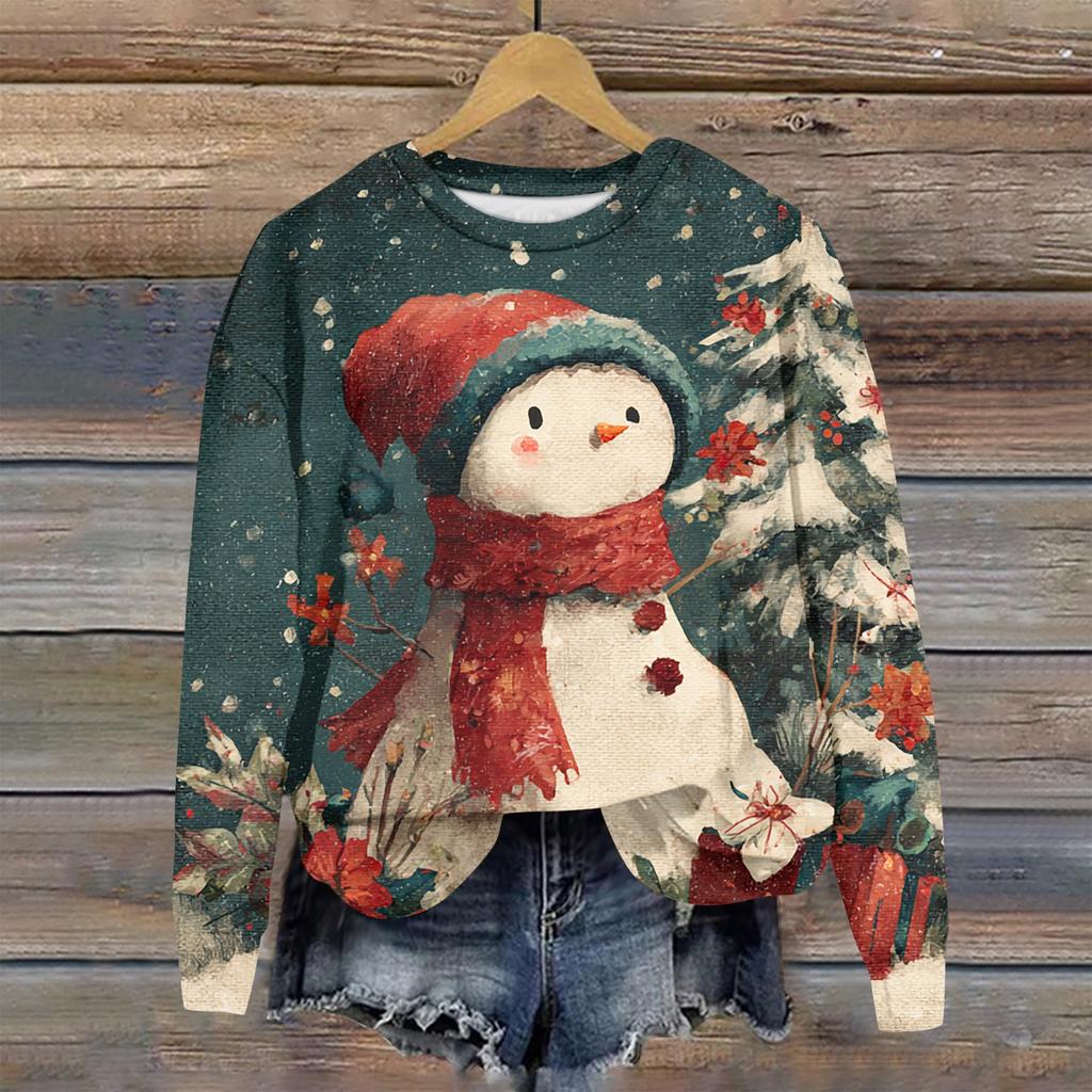 Ladies' Christmas Printed Long Sleeved Round Neck Hoodie Loose Top