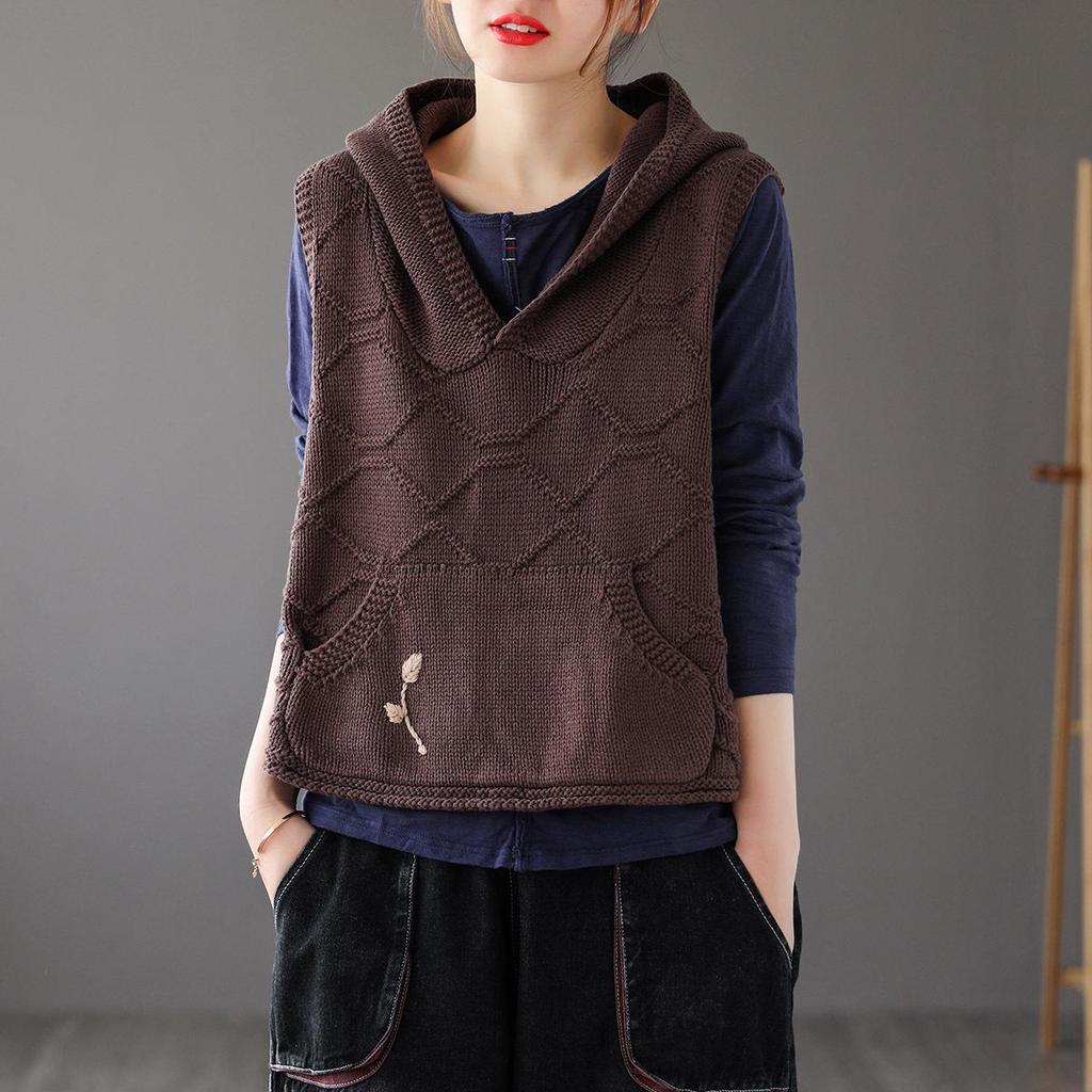 Ladies' Hooded Retro Knit Vest - 2024 Spring/Autumn Waistcoat Layered Top