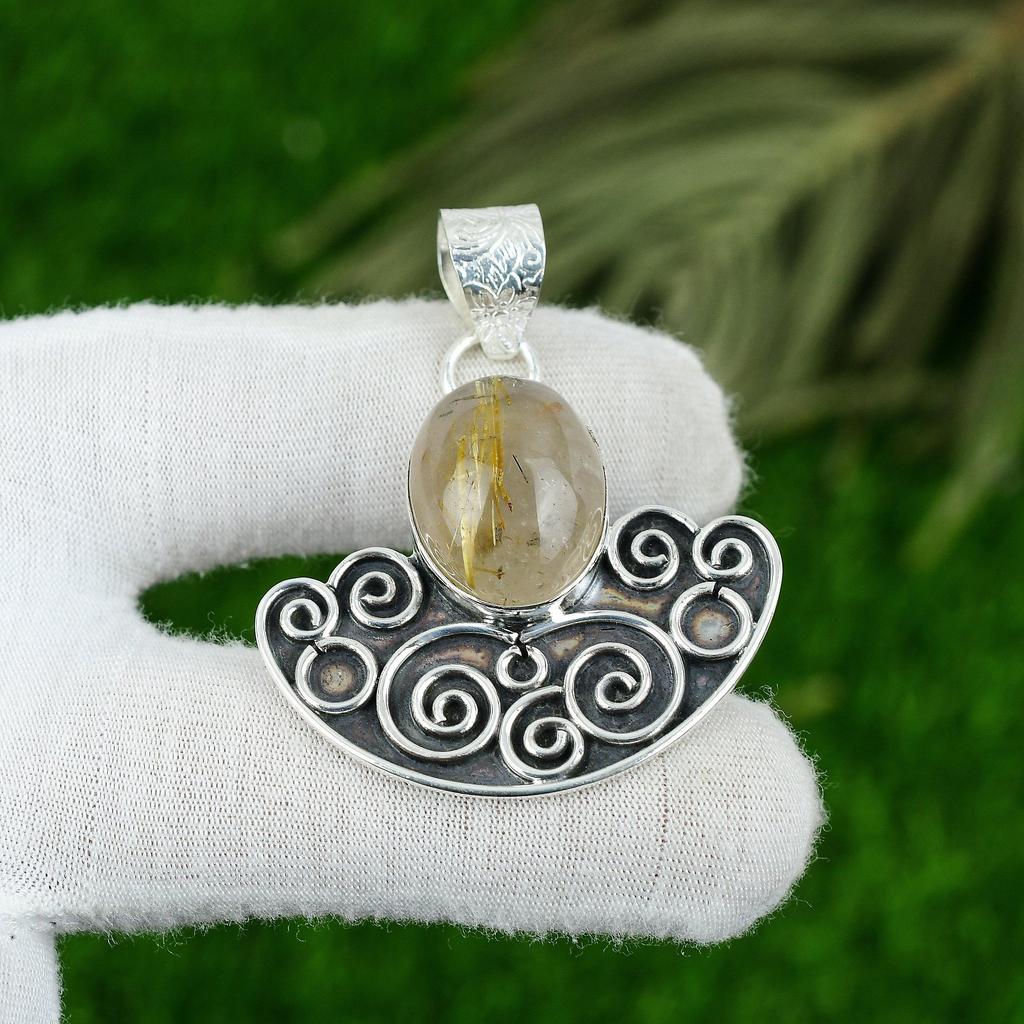 Mothers day Sale Sterling Silver Natural Golden Rutile Artisan Bezel New Pendant